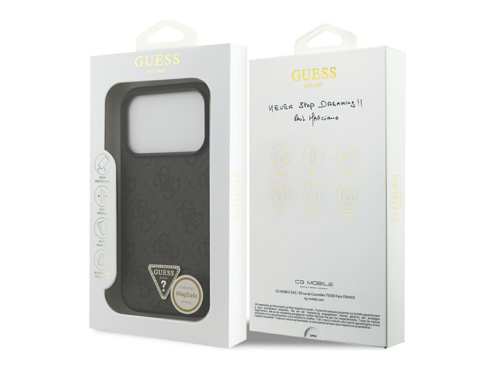 Guess Leather 4G Triangle Strass MagSafe Case for iPhone 18 Pro / 17 Pro - Black