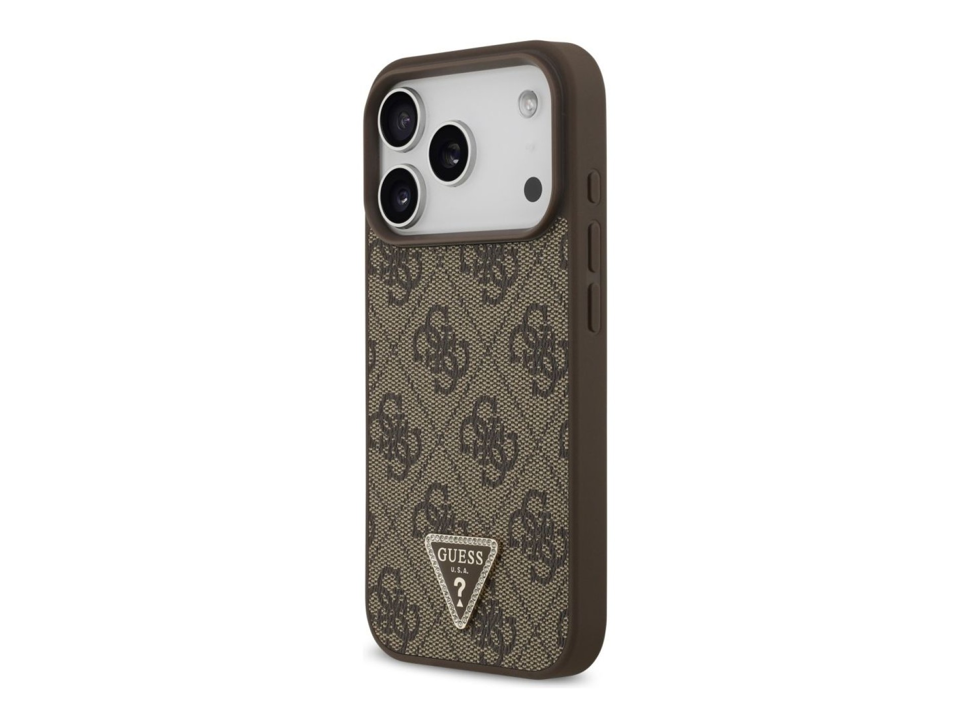 Capa Guess Leather 4G Triangle Strass MagSafe para iPhone 18 Pro/17 Pro - Castanho