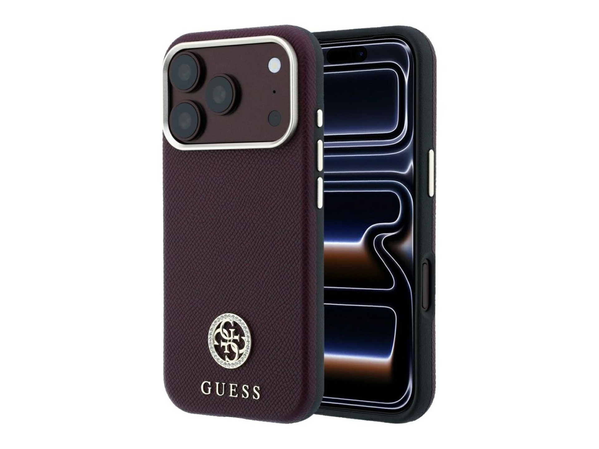 Guess Grained Round Strass Logo MagSafe Case for iPhone 18 Pro Max / 17 Pro Max - Burgundy