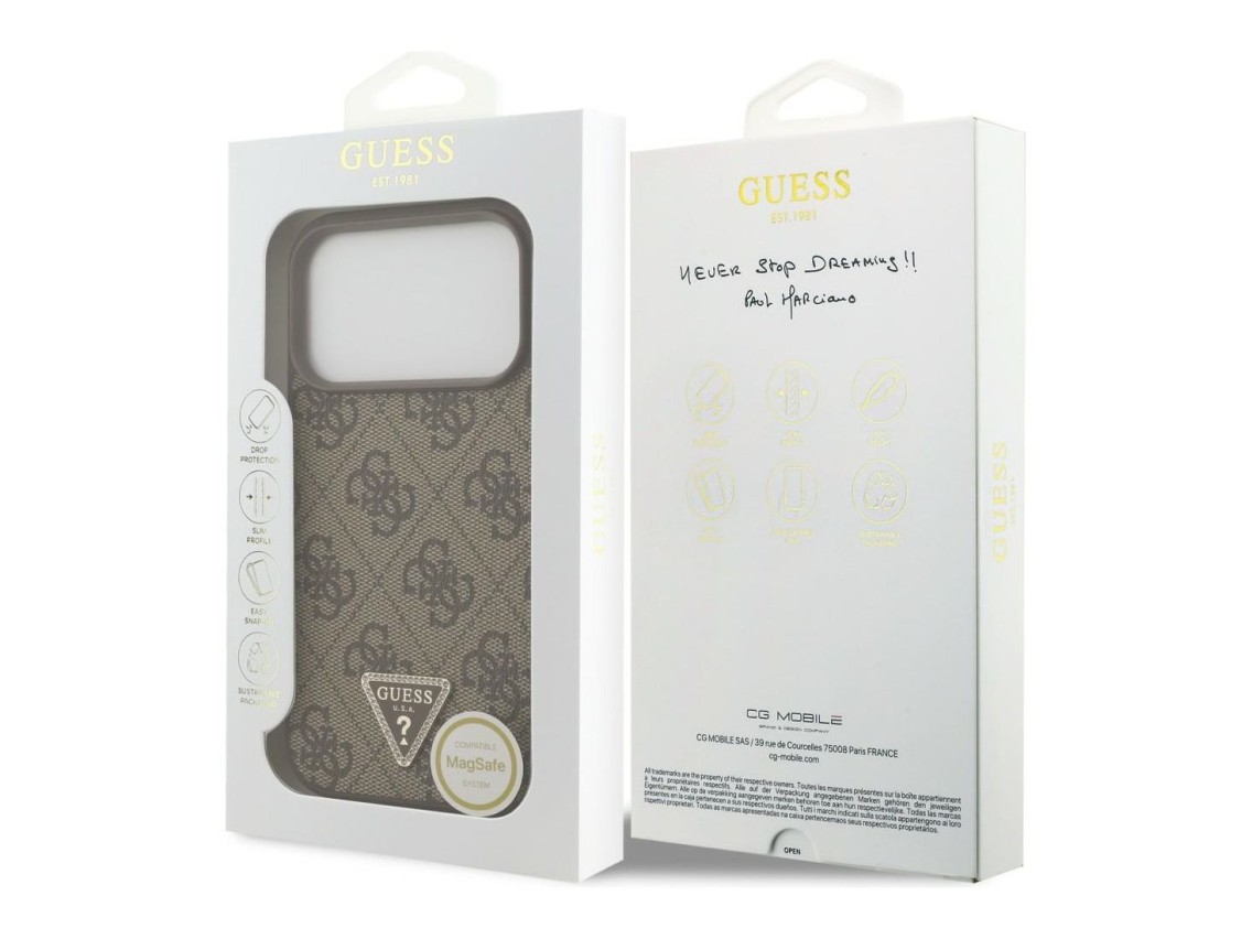 Guess Leather 4G Triangle Strass MagSafe Case for iPhone 18 Pro / 17 Pro - Brown