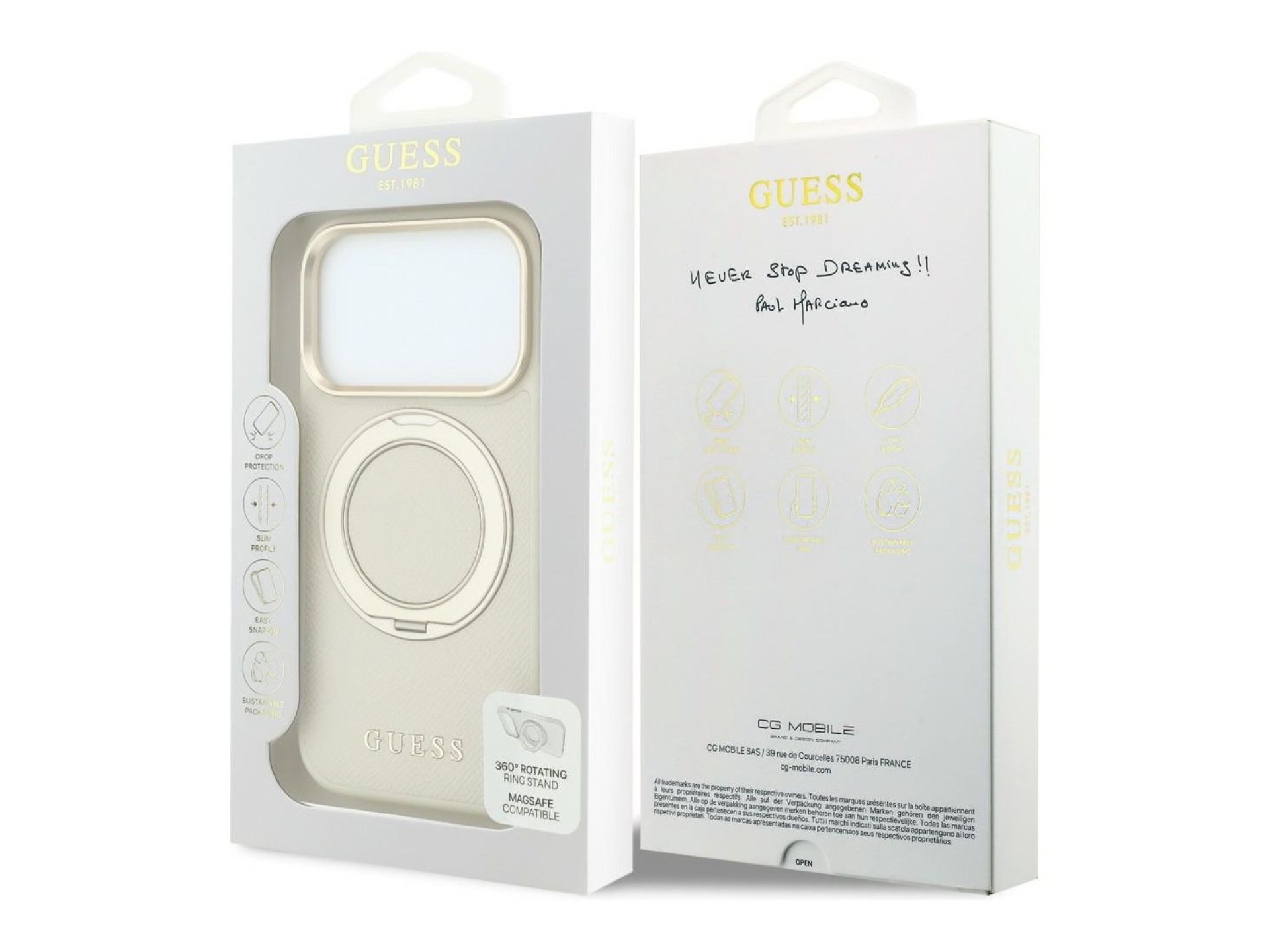 Funda Guess Ring Stand 360 Grained Classic Logo MagSafe para iPhone 18 Pro Max / 17 Pro Max - beige