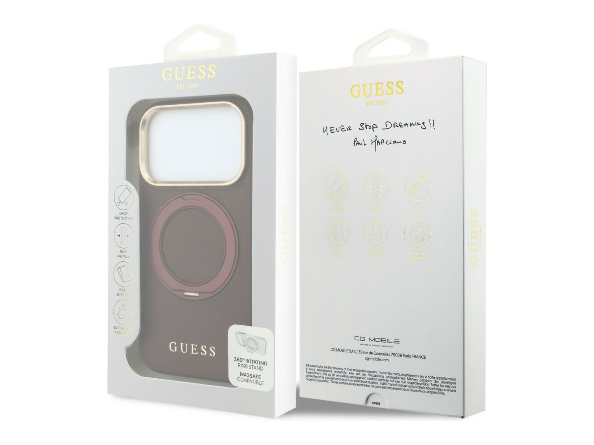 Funda Guess Ring Stand 360 Grained Classic Logo MagSafe para iPhone 18 Pro Max / 17 Pro Max - Borgoñ