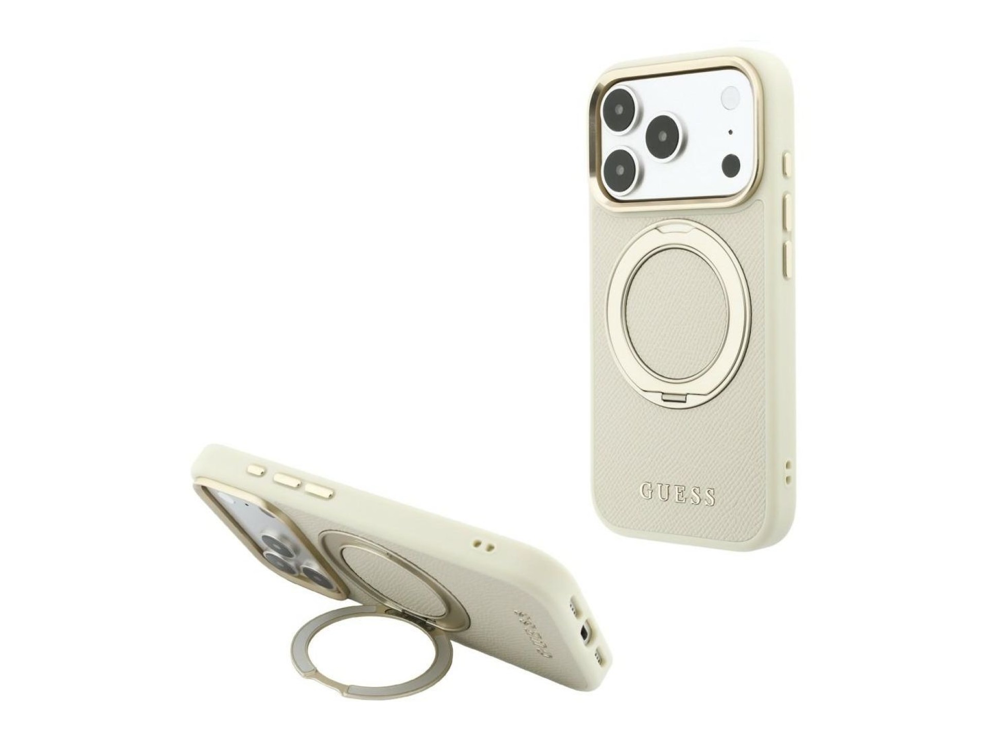 Funda Guess Ring Stand 360 Grained Classic Logo MagSafe para iPhone 18 Pro Max / 17 Pro Max - beige