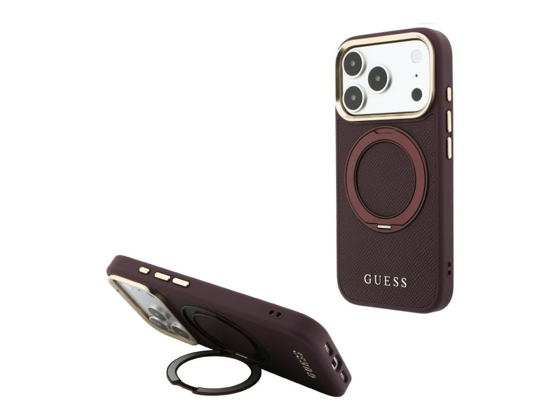 Funda Guess Ring Stand 360 Grained Classic Logo MagSafe para iPhone 18 Pro Max / 17 Pro Max - Borgoñ