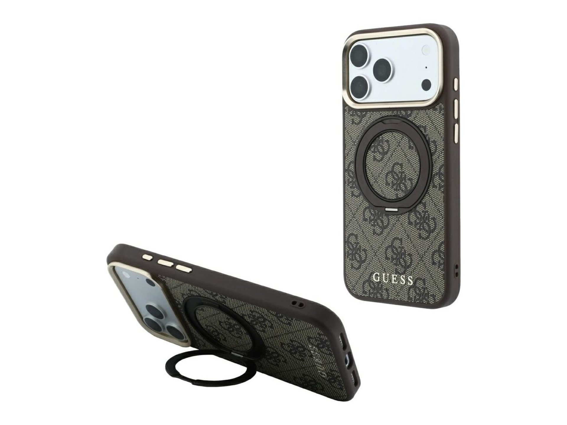 Capa Guess Ring Stand 360 4G Classic Logo MagSafe para iPhone 18 Pro/17 Pro - Castanho
