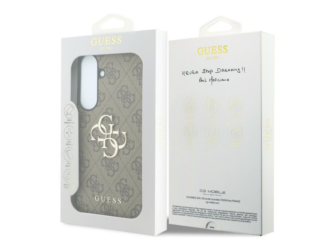 Funda Guess de cuero 4G con logo metálico para Samsung Galaxy S26 FE - Marrón