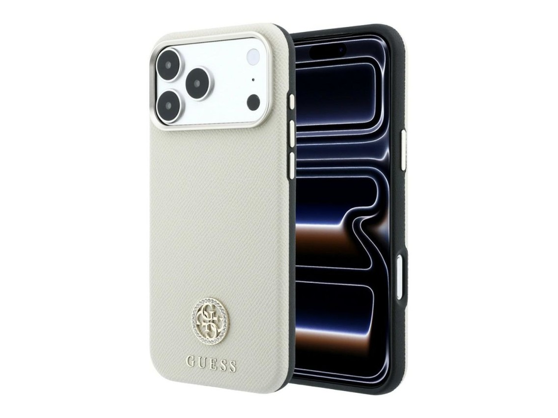 Capa MagSafe Guess com Logo Strass Redondo e Textura Granulada para iPhone 18 Pro / 17 Pro - Bege