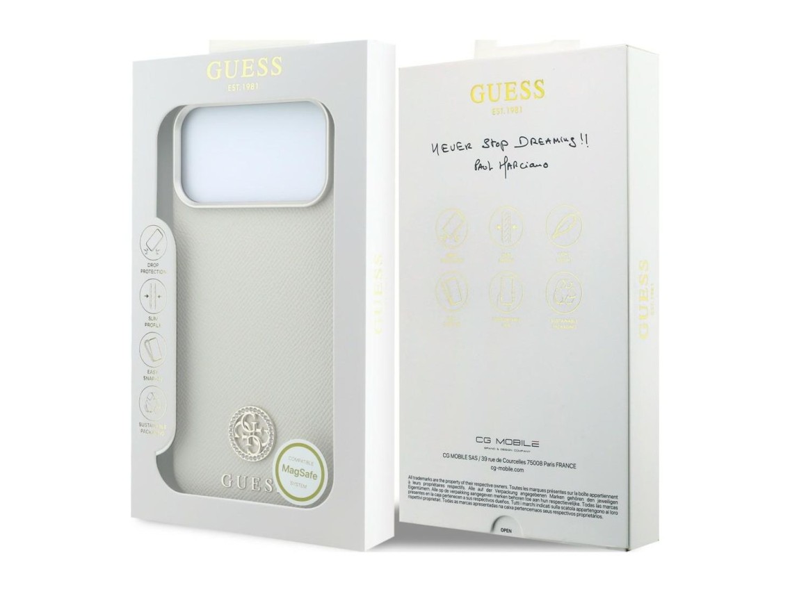 Capa MagSafe Guess com Logo Strass Redondo e Textura Granulada para iPhone 18 Pro / 17 Pro - Bege