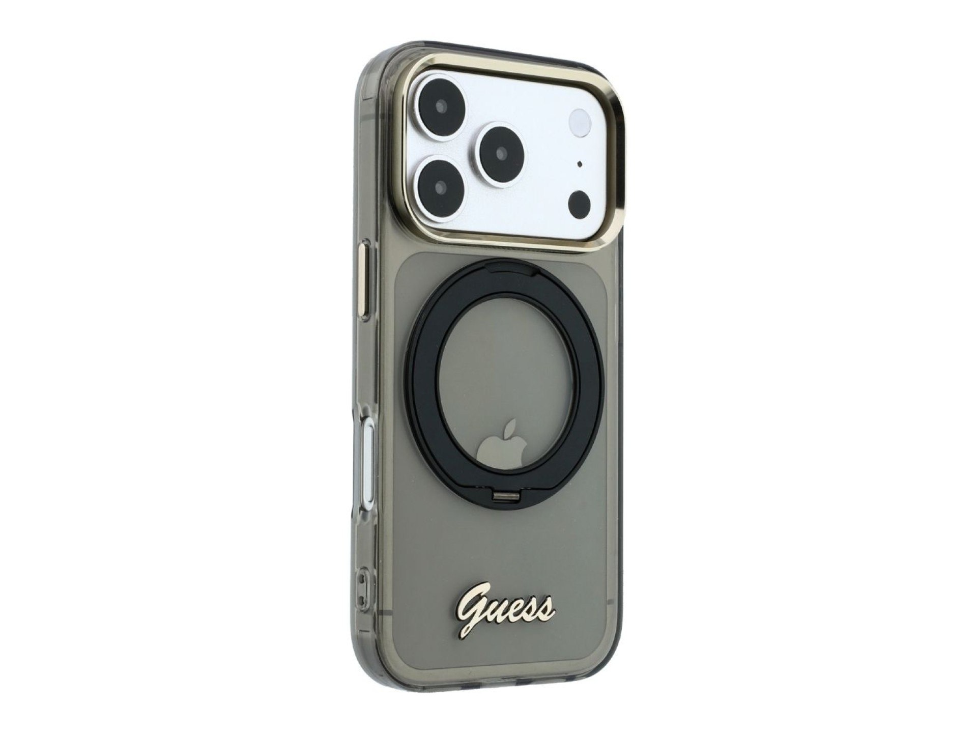 Capa MagSafe Guess IML Ring Stand 360 com Logo em Metal para iPhone 17 Pro Max / 18 Pro Max - Preta