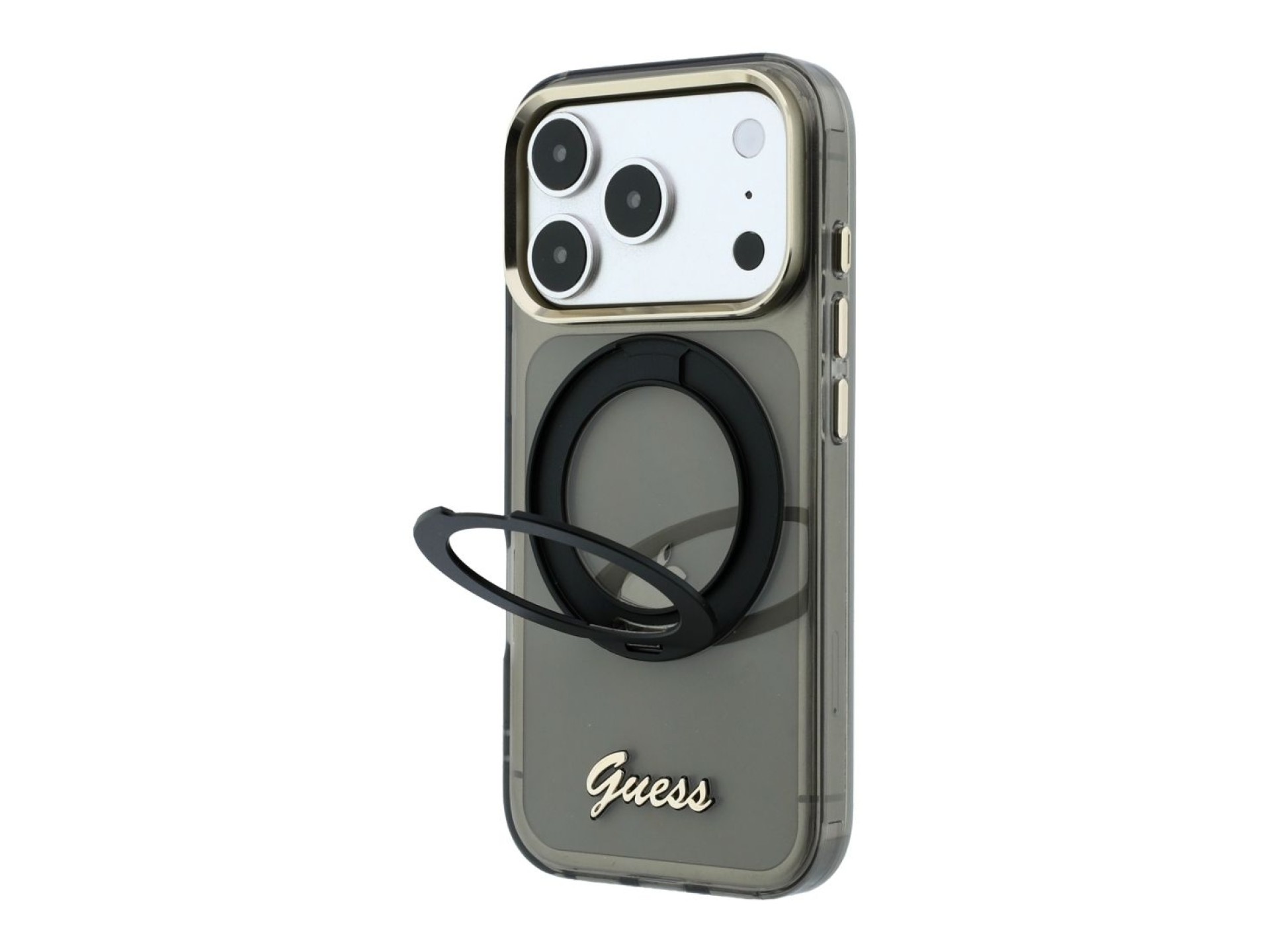 Capa MagSafe Guess IML Ring Stand 360 com Logo em Metal para iPhone 17 Pro Max / 18 Pro Max - Preta
