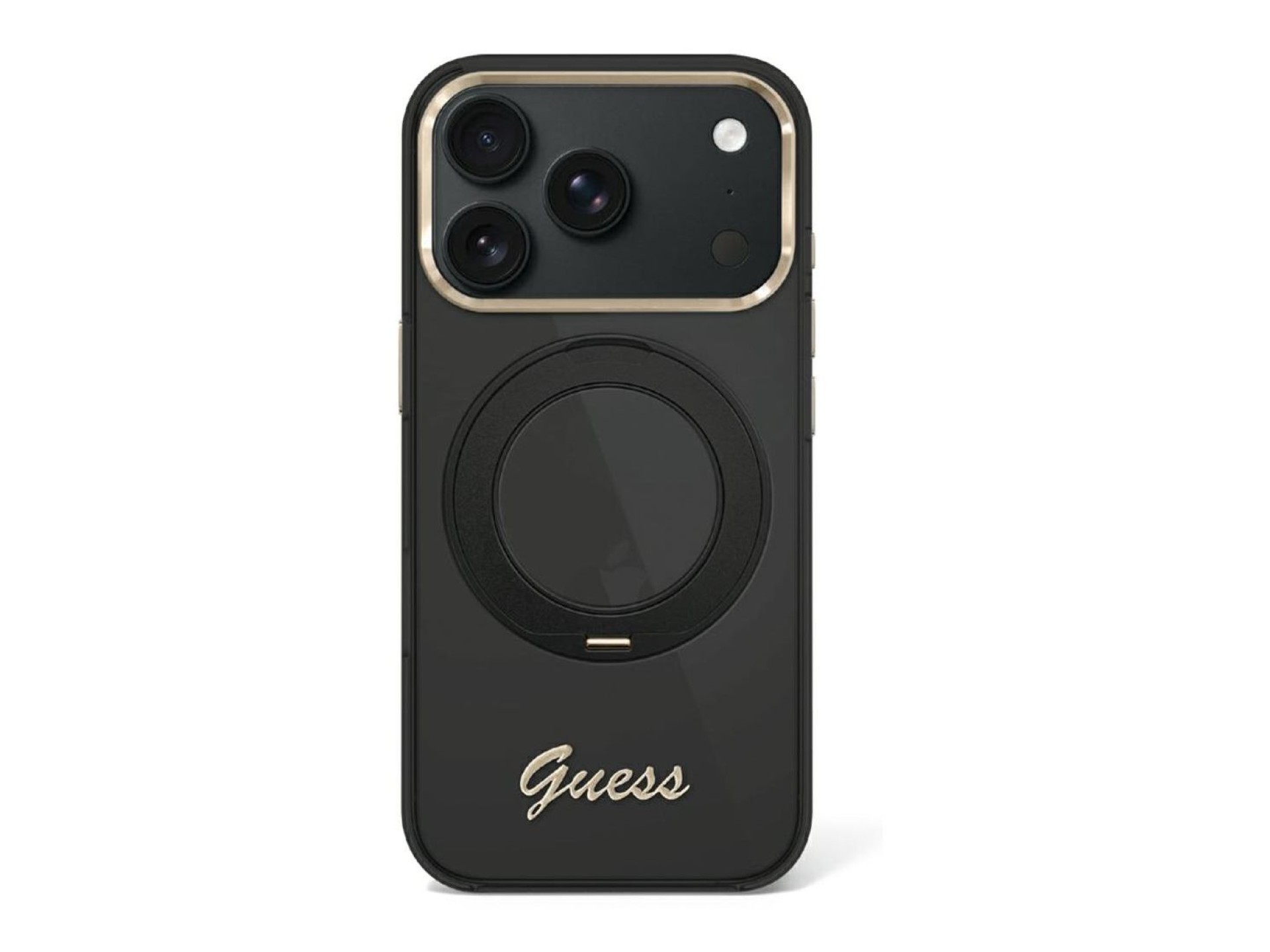 Capa MagSafe Guess IML Ring Stand 360 com Logo em Metal para iPhone 17 Pro Max / 18 Pro Max - Preta