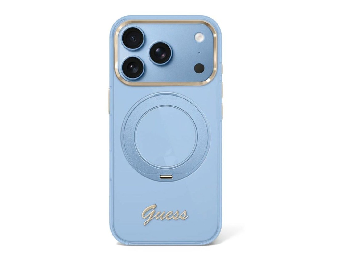 Guess IML Ring Stand 360 Script Metal Logo MagSafe Case for iPhone 17 Pro / 18 Pro - Light Blue