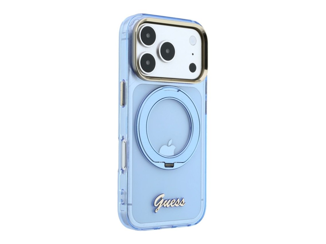 Guess IML Ring Stand 360 Script Metal Logo MagSafe Case for iPhone 17 Pro / 18 Pro - Light Blue