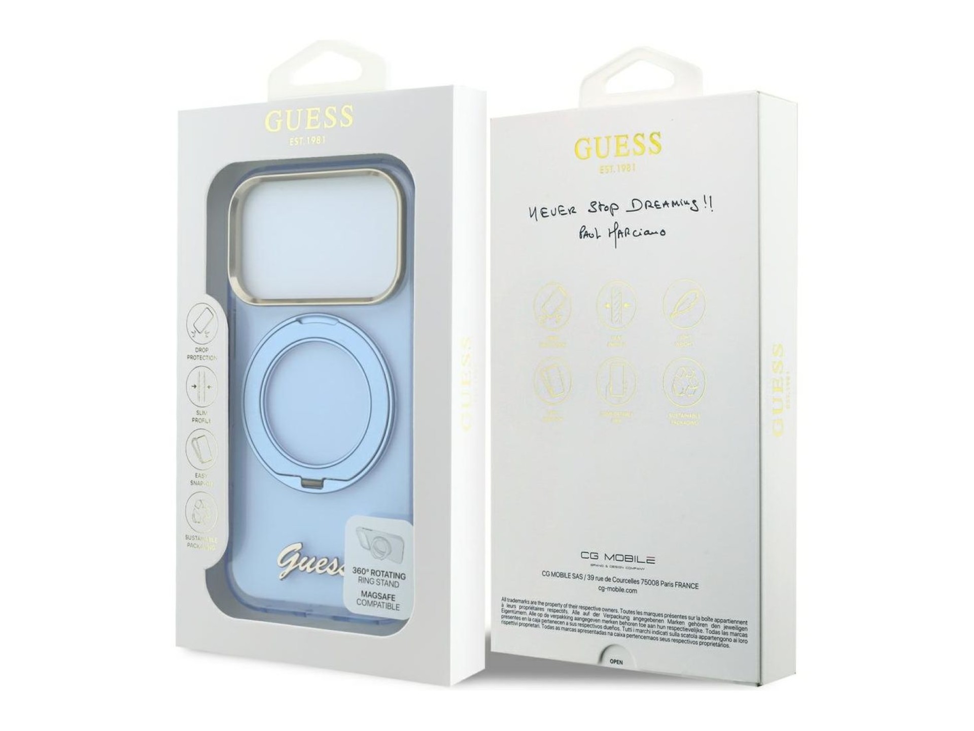 Guess IML Ring Stand 360 Script Metal Logo MagSafe Case for iPhone 17 Pro / 18 Pro - Light Blue