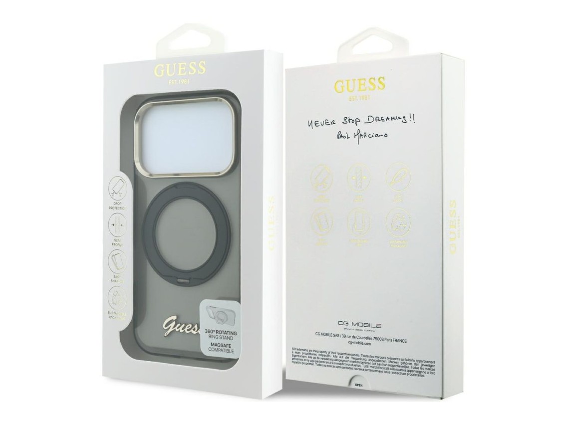 Capa MagSafe Guess IML Ring Stand 360 com Logo em Metal para iPhone 17 Pro Max / 18 Pro Max - Preta