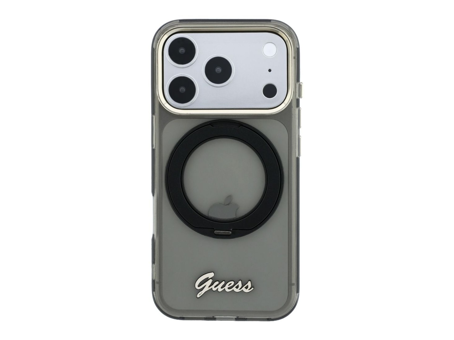 Capa MagSafe Guess IML Ring Stand 360 com Logo em Metal para iPhone 17 Pro Max / 18 Pro Max - Preta