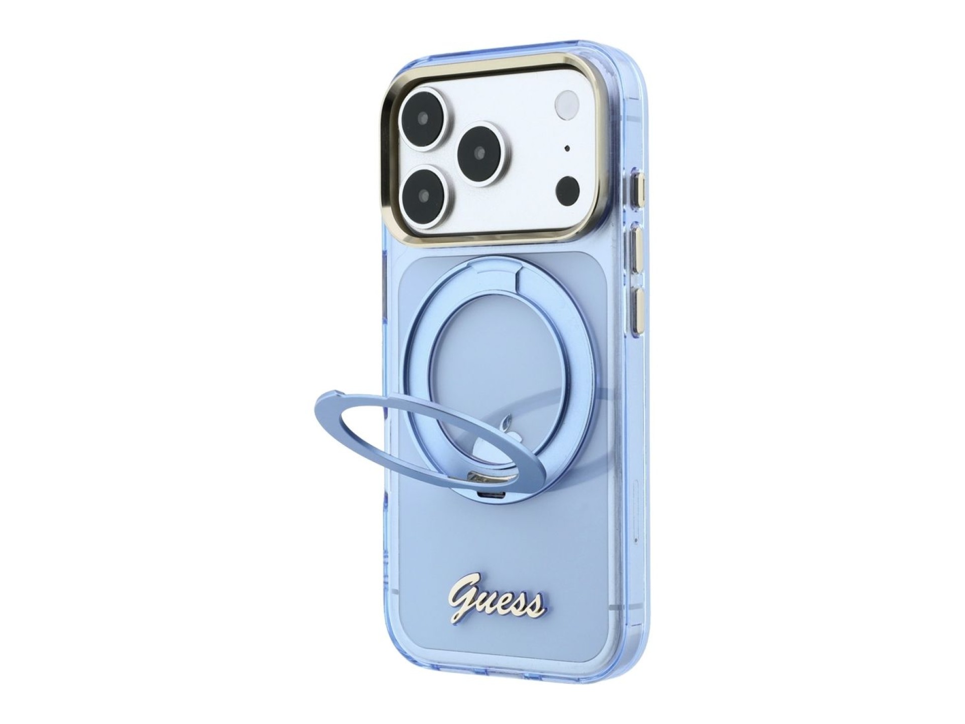 Guess IML Ring Stand 360 Script Metal Logo MagSafe Case for iPhone 17 Pro / 18 Pro - Light Blue