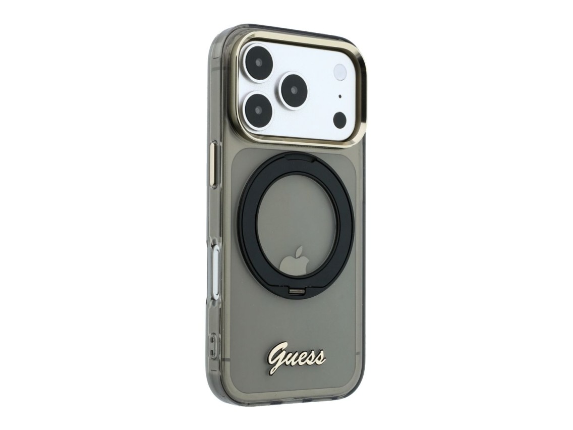 Capa MagSafe Guess IML Ring Stand 360 com Logo em Metal para iPhone 17 Pro Max / 18 Pro Max - Preta