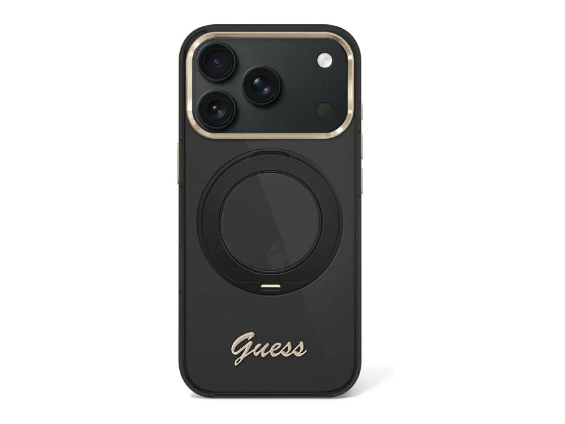 Capa MagSafe Guess IML Ring Stand 360 com Logo em Metal para iPhone 17 Pro Max / 18 Pro Max - Preta