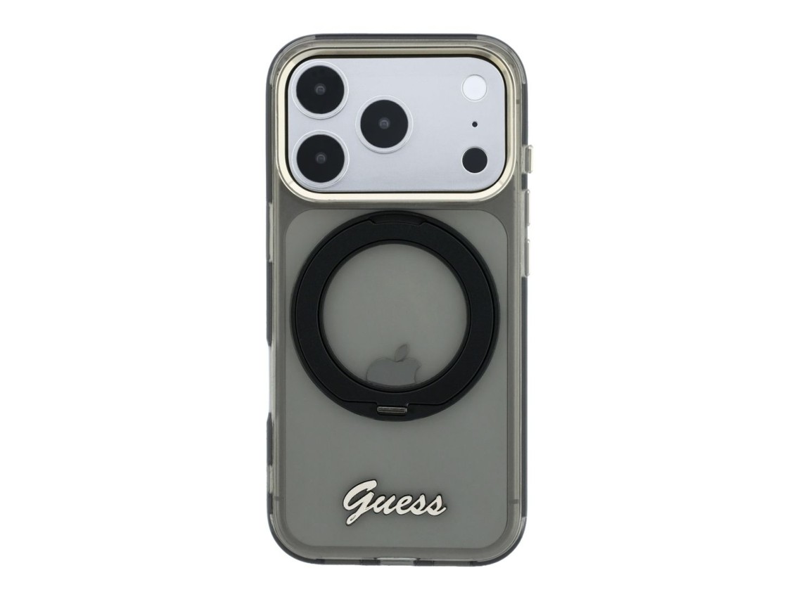 Capa MagSafe Guess IML Ring Stand 360 com Logo em Metal para iPhone 17 Pro Max / 18 Pro Max - Preta