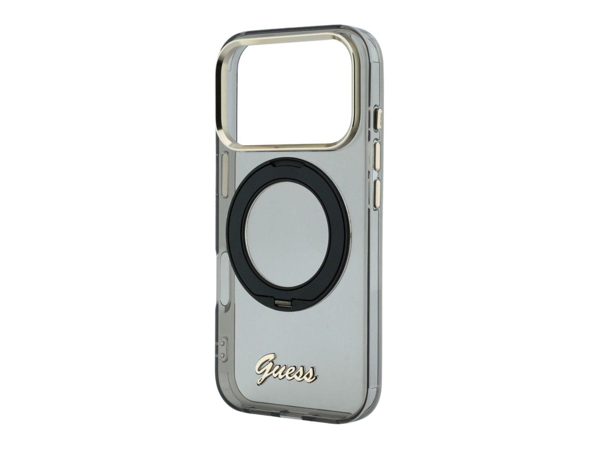 Capa MagSafe Guess IML Ring Stand 360 com Logo em Metal para iPhone 17 Pro Max / 18 Pro Max - Preta