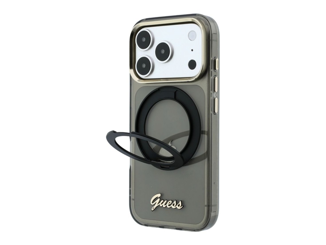 Capa MagSafe Guess IML Ring Stand 360 com Logo em Metal para iPhone 17 Pro Max / 18 Pro Max - Preta