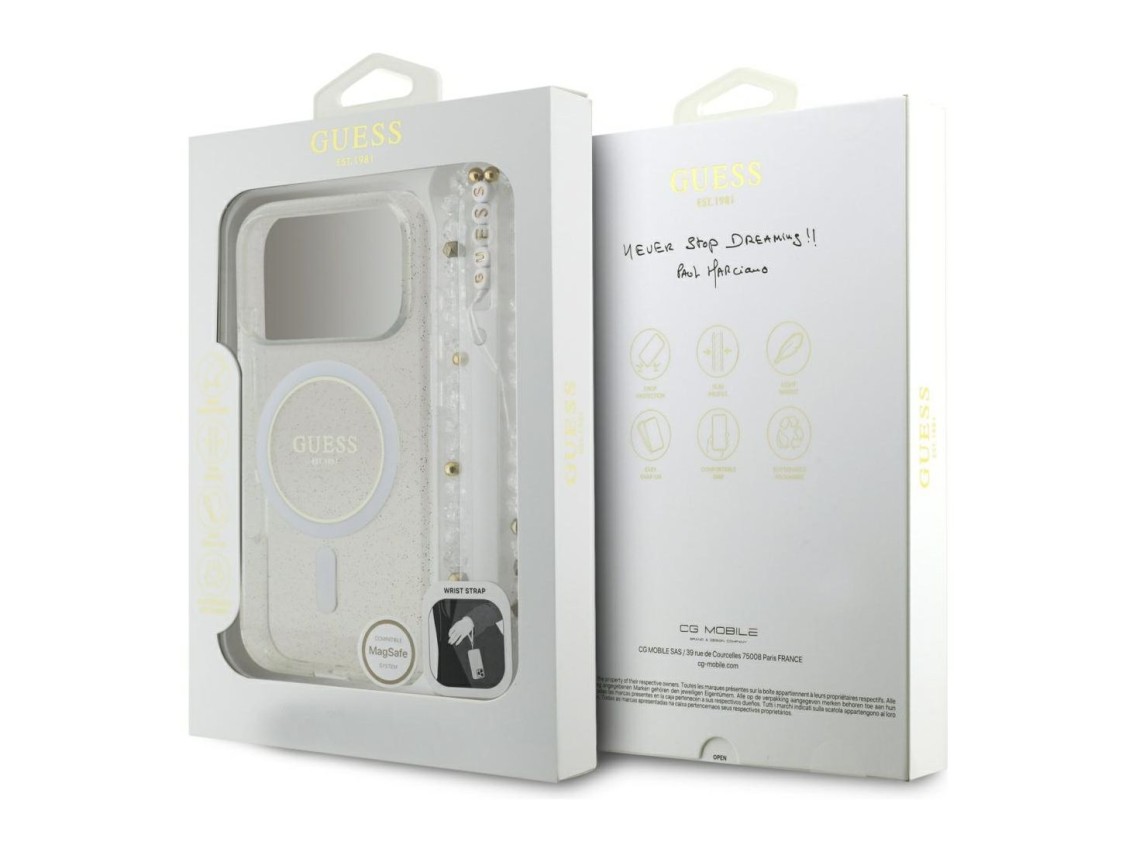 Guess IML Glitter Pearl Strap MagSafe Case for iPhone 17 Pro - Clear