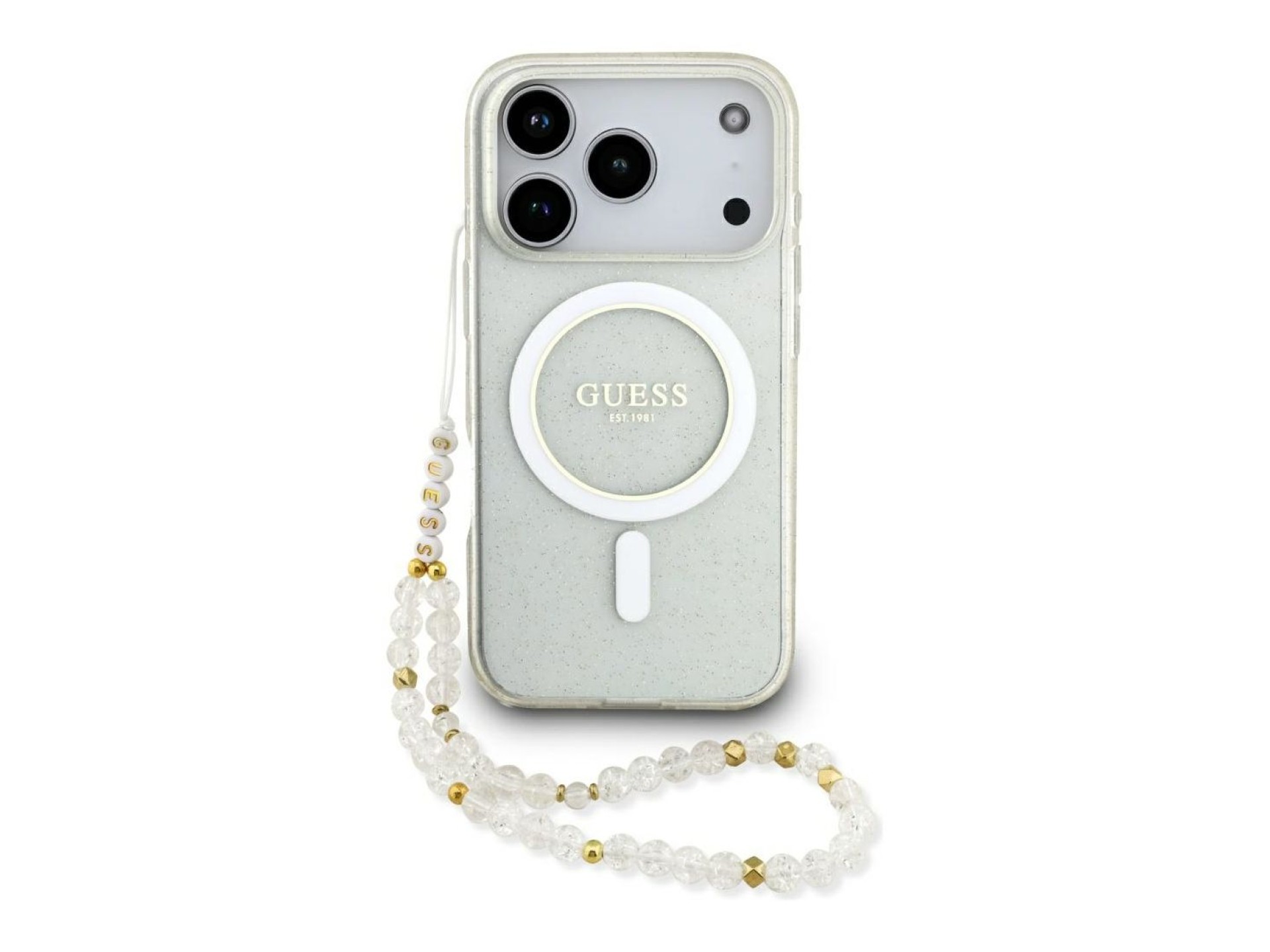 Guess IML Glitter Pearl Strap MagSafe Case for iPhone 17 Pro - Clear