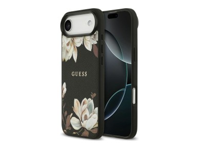 Capa MagSafe Guess com estampado floral granulado e logótipo clássico para iPhone Air - preta Capa MagSafe Guess com estampado floral granulado e logótipo clássico para iPhone Air - preta