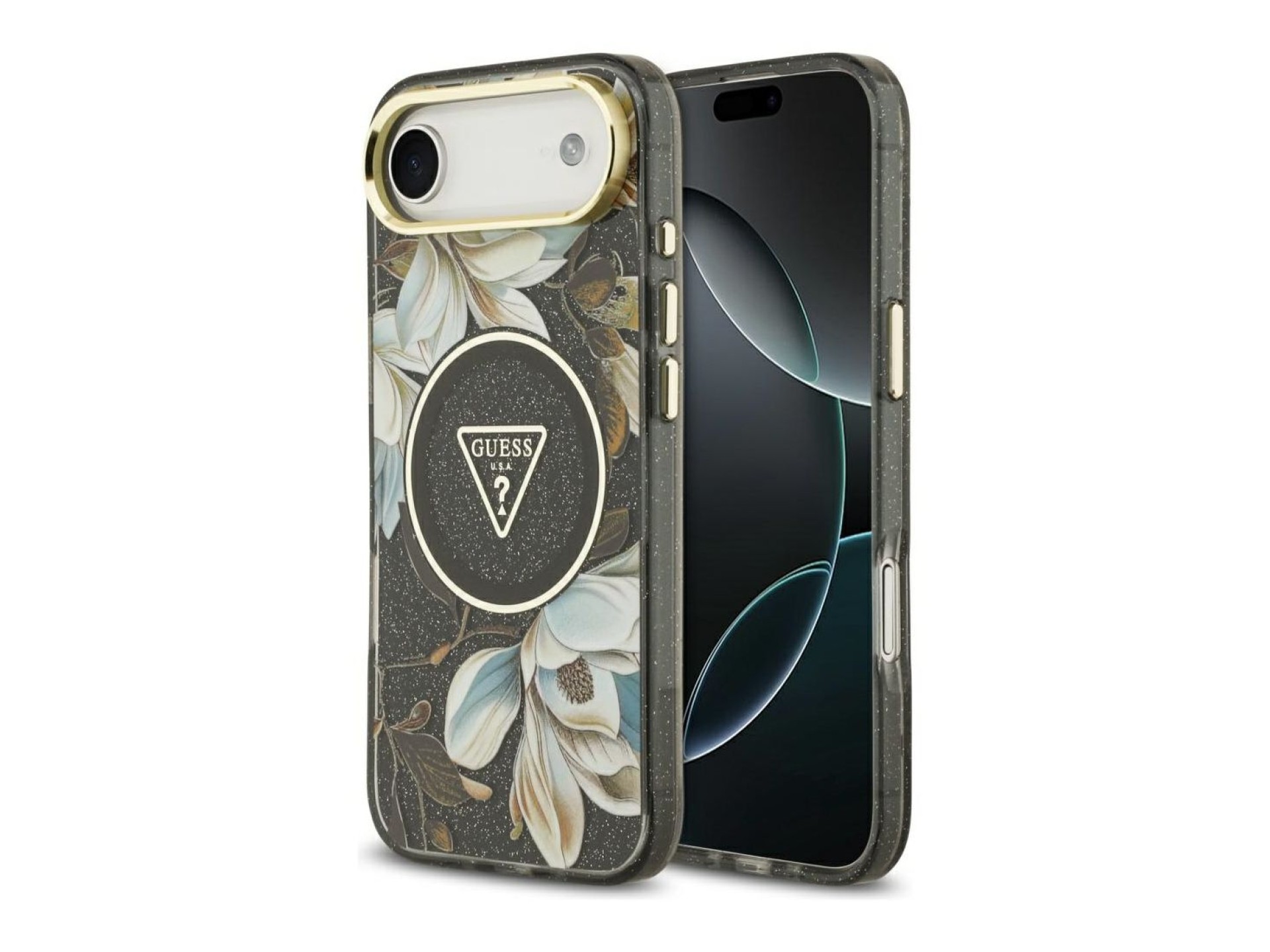 Guess IML Glitter Flowers Triangle MagSafe case for iPhone Air - black