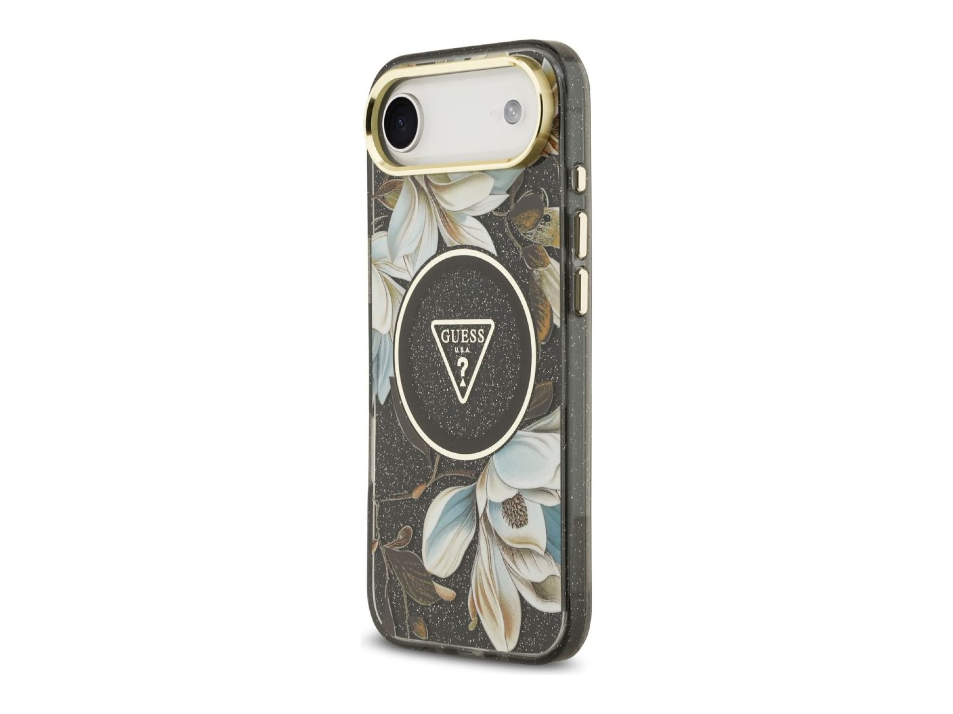 Guess IML Glitter Flowers Triangle MagSafe case for iPhone Air - black