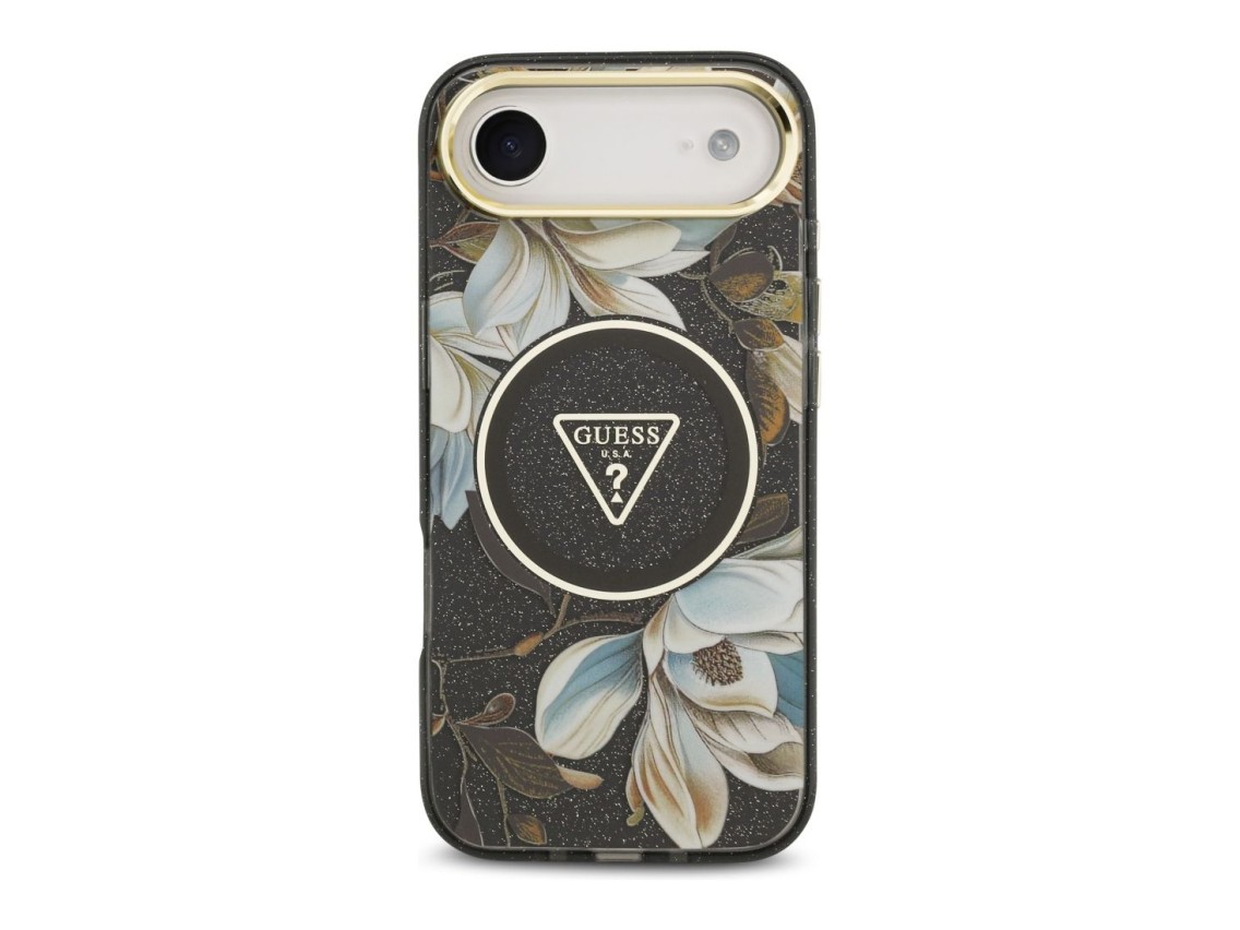 Guess IML Glitter Flowers Triangle MagSafe case for iPhone Air - black