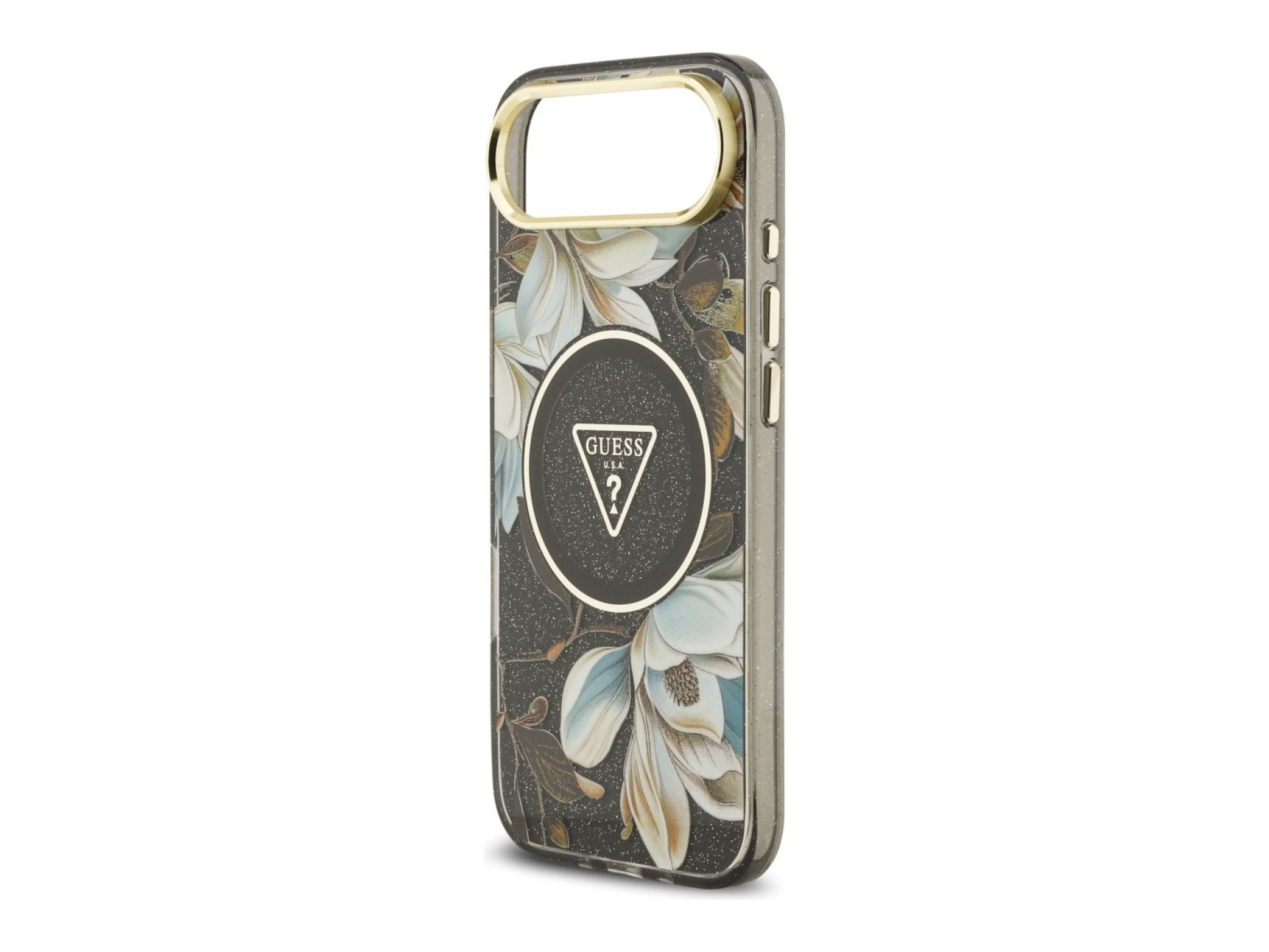 Guess IML Glitter Flowers Triangle MagSafe case for iPhone Air - black