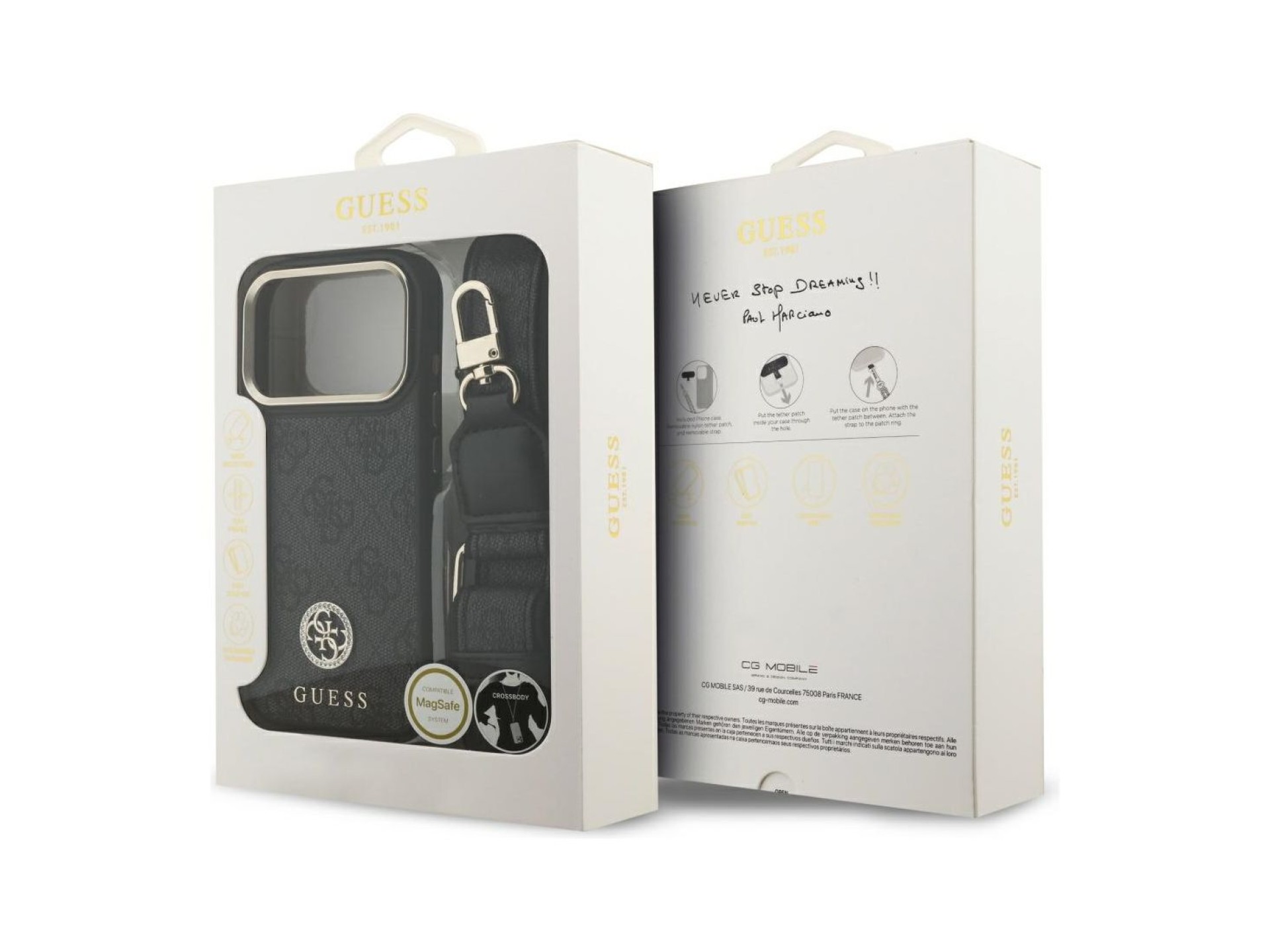 Funda Guess 4G Strass Logo & Big Strap Metal Buttons MagSafe para iPhone 17 Pro - Negra