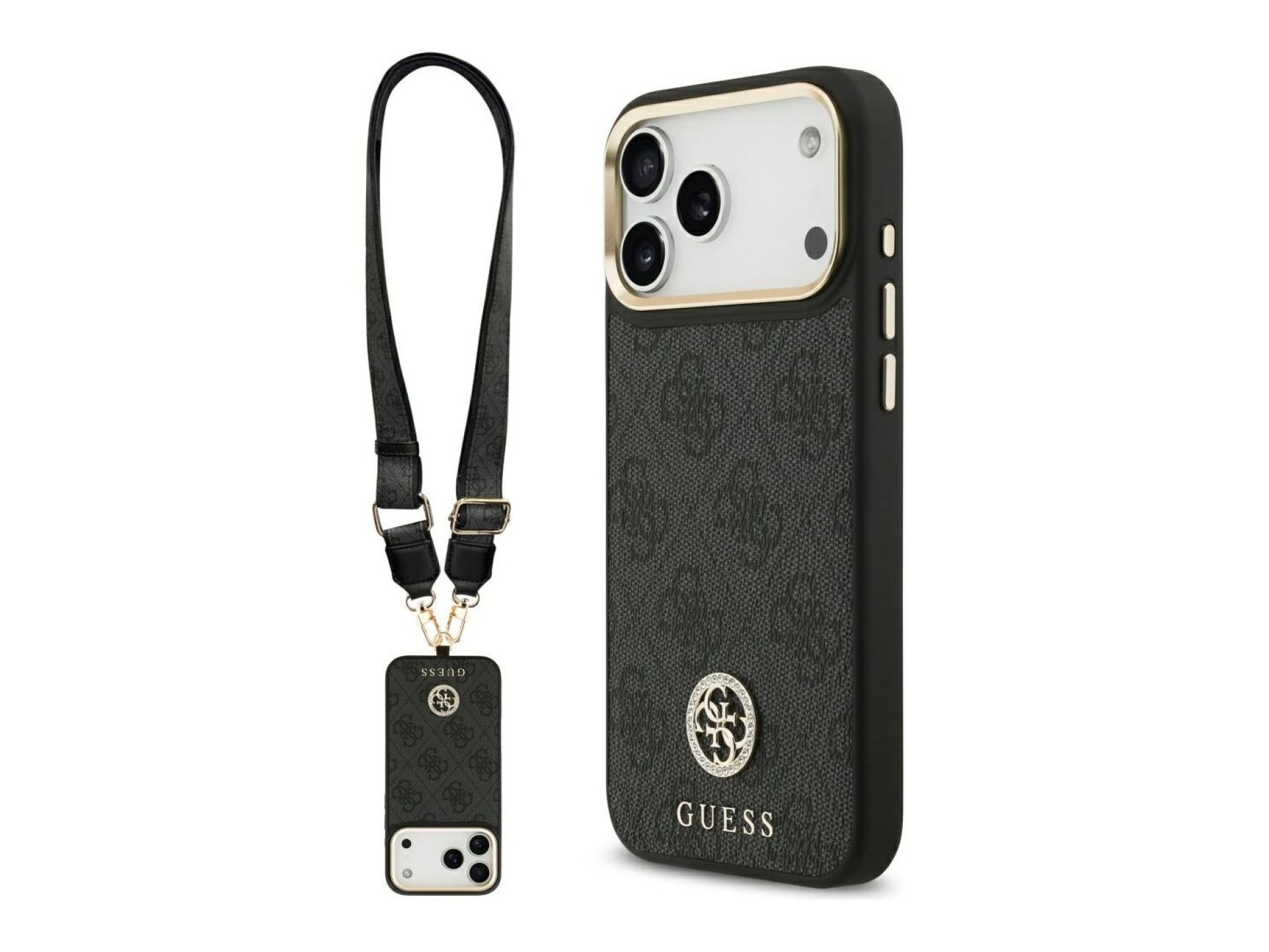 Guess 4G Srtass Logo & Big Strap Metal Buttons MagSafe Case for iPhone 17 Pro Max - Black