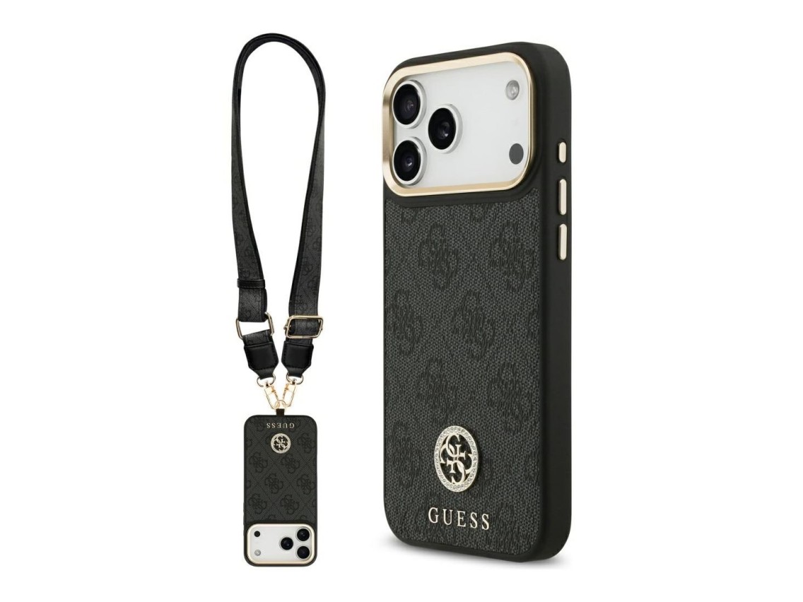 Guess 4G Srtass Logo & Big Strap Metal Buttons MagSafe Case for iPhone 17 Pro Max - Black