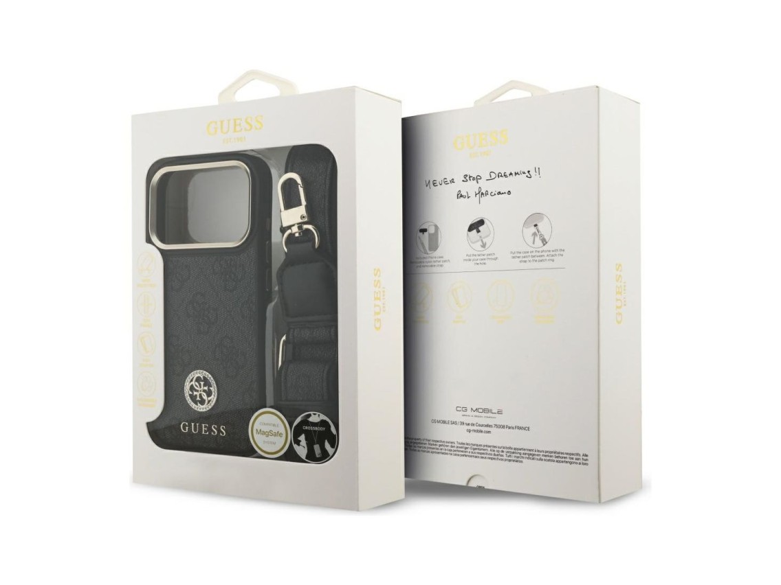 Funda Guess 4G Strass Logo & Big Strap Metal Buttons MagSafe para iPhone 17 Pro - Negra