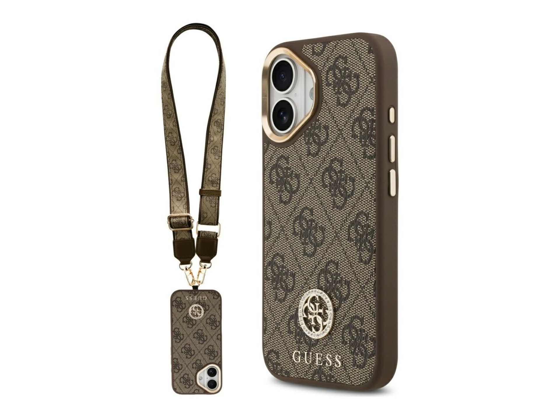 Guess 4G Strass Logo & Big Strap Metal Buttons MagSafe Case for iPhone 17 - Brown