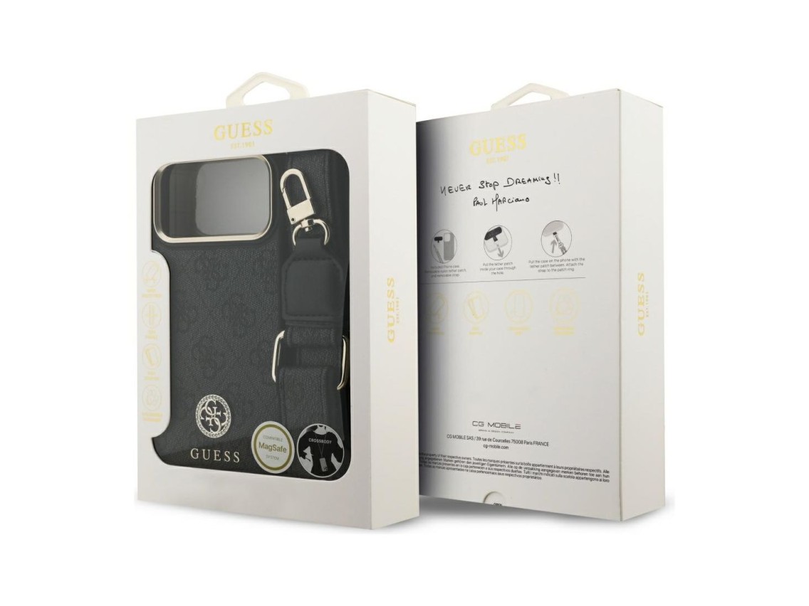 Guess 4G Srtass Logo & Big Strap Metal Buttons MagSafe Case for iPhone 17 Pro Max - Black