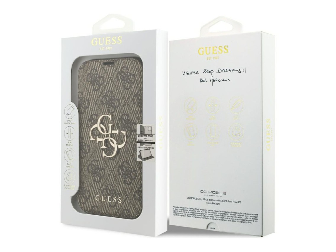 Funda metálica con logo Guess Book 4G para iPhone 17 Pro - Marrón