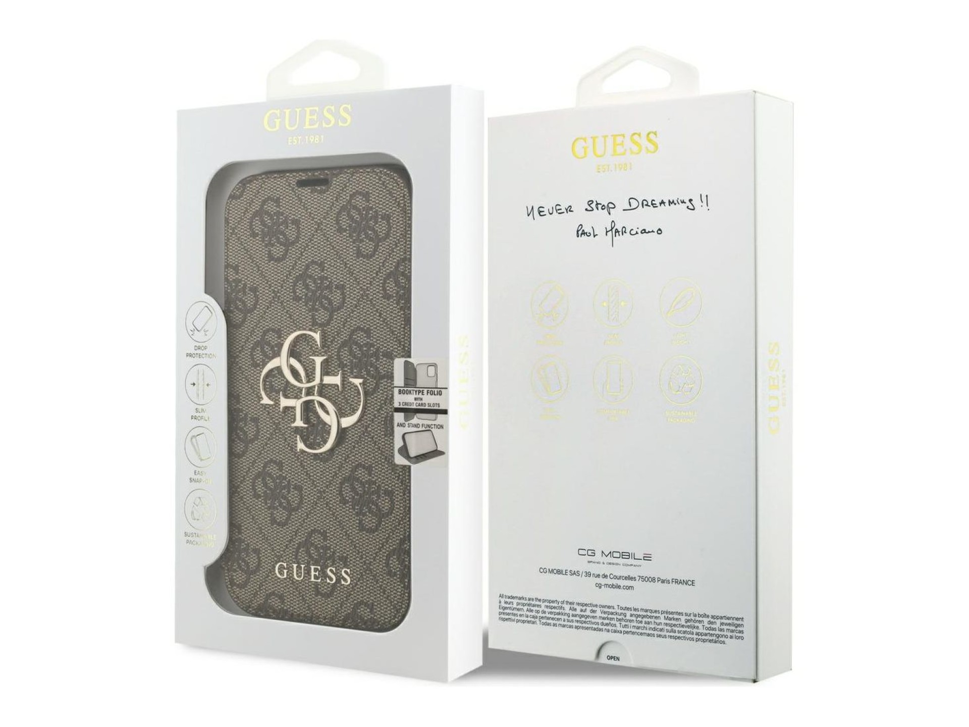 Funda metálica con logo Guess Book 4G para iPhone 17 Pro - Marrón
