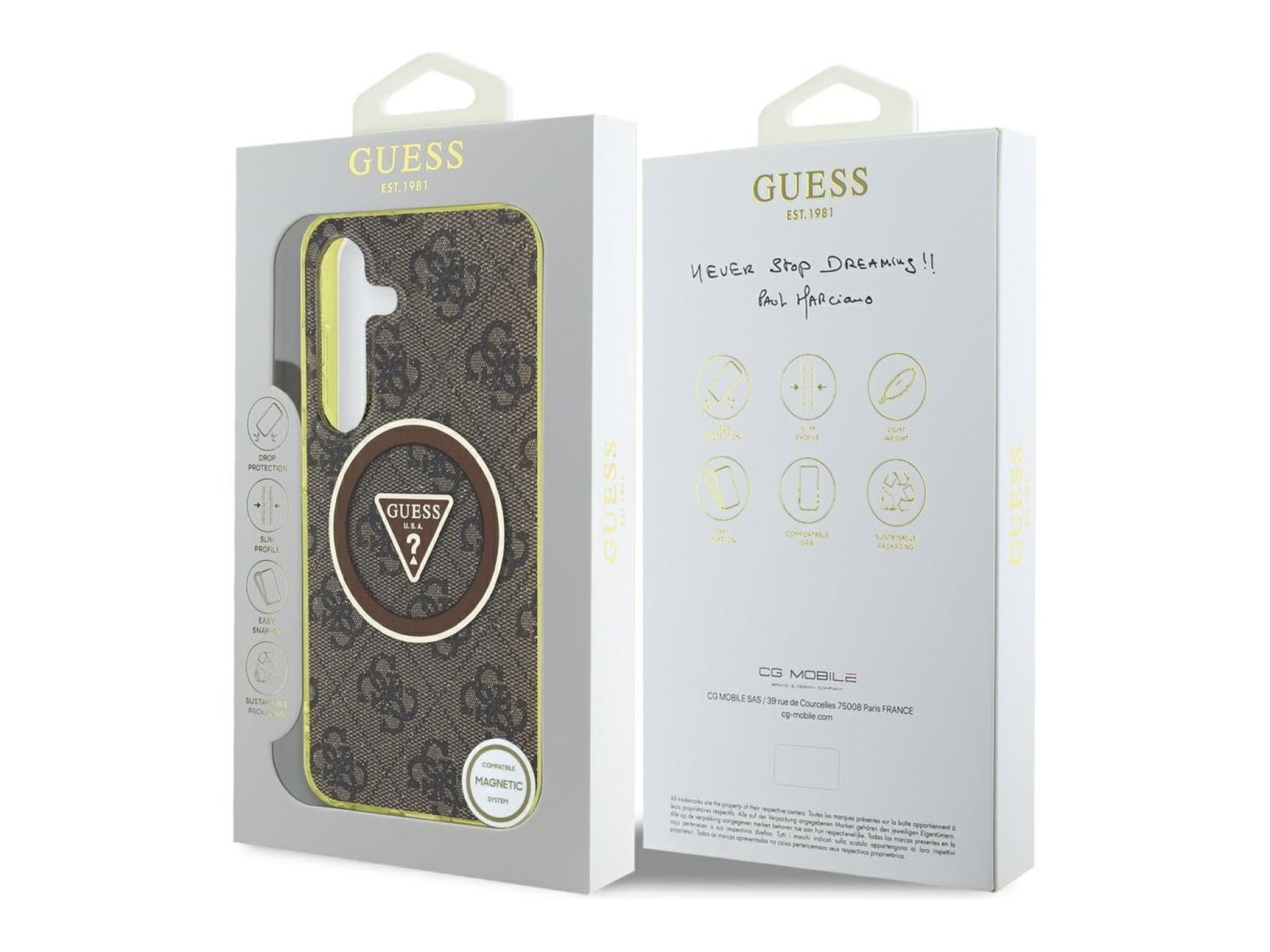 Funda Guess 4G con botones triangulares brillantes y MagSafe para Samsung Galaxy S25 (marrón)