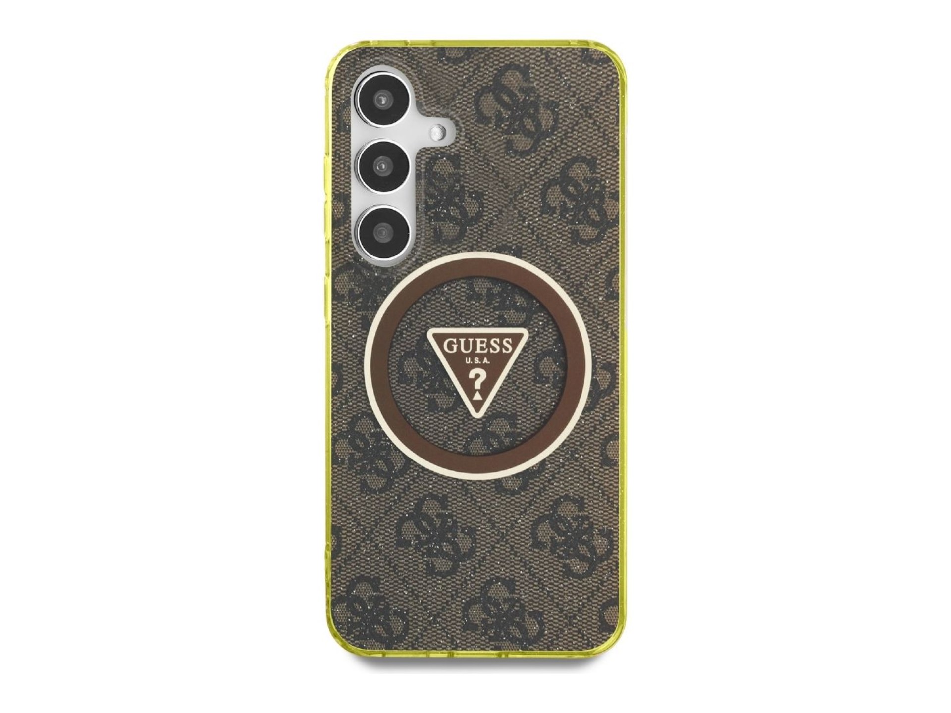 Funda Guess 4G con botones triangulares brillantes y MagSafe para Samsung Galaxy S25 (marrón)