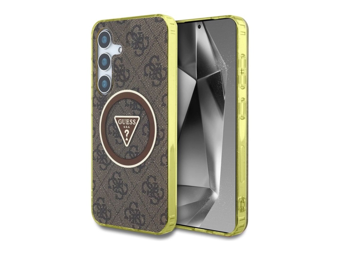 Guess 4G Glitter Triangle Buttons MagSafe Case for Samsung Galaxy S25 Brown