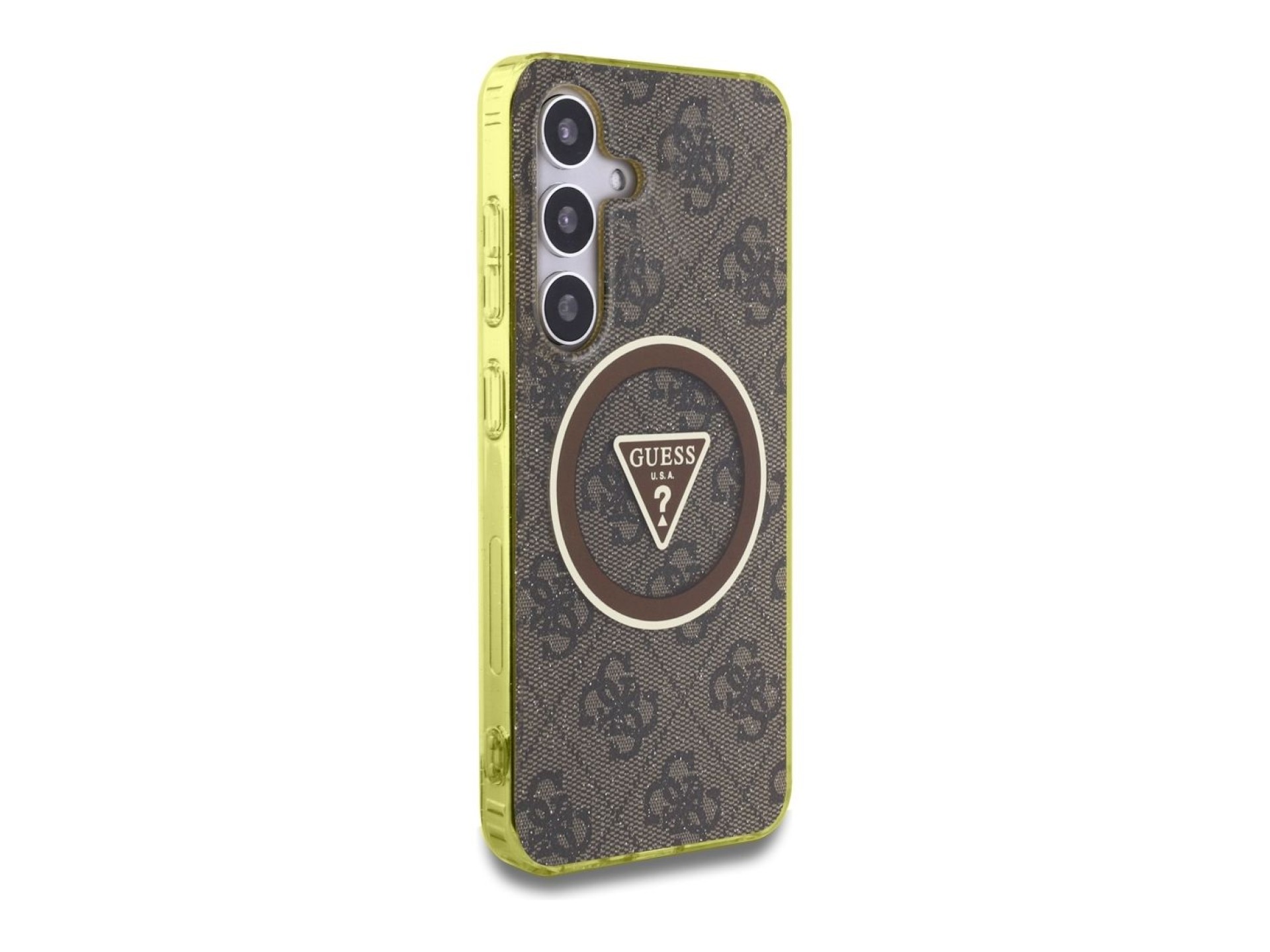 Funda Guess 4G con botones triangulares brillantes y MagSafe para Samsung Galaxy S25 (marrón)