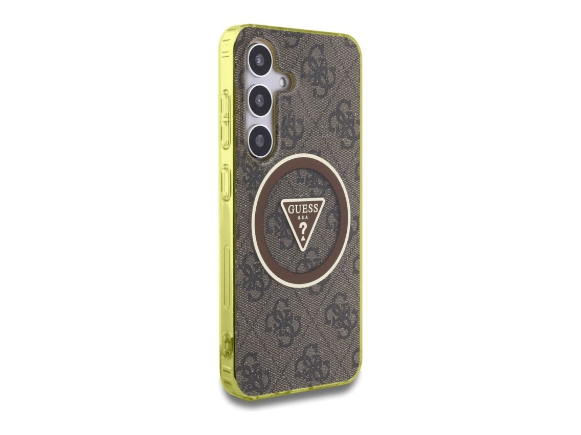 Guess 4G Glitter Triangle Buttons MagSafe Case for Samsung Galaxy S25 Brown