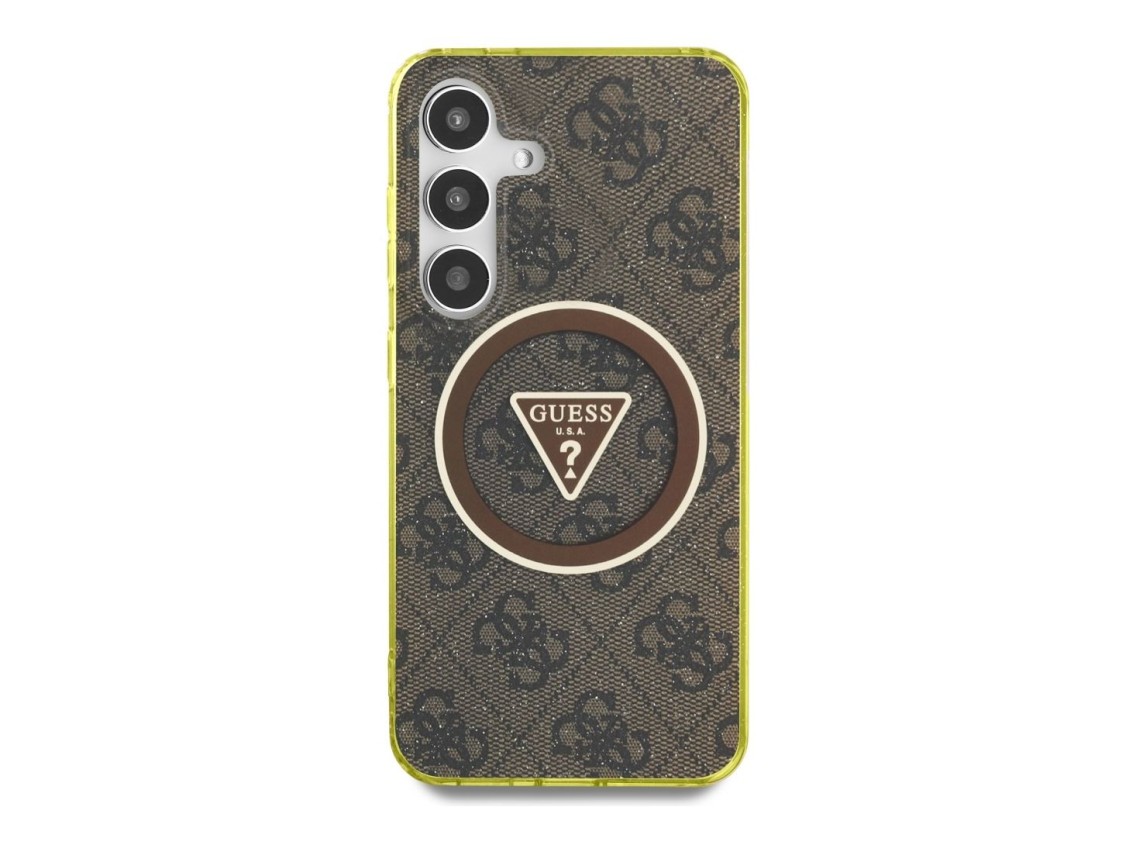 Guess 4G Glitter Triangle Buttons MagSafe Case for Samsung Galaxy S25 Brown