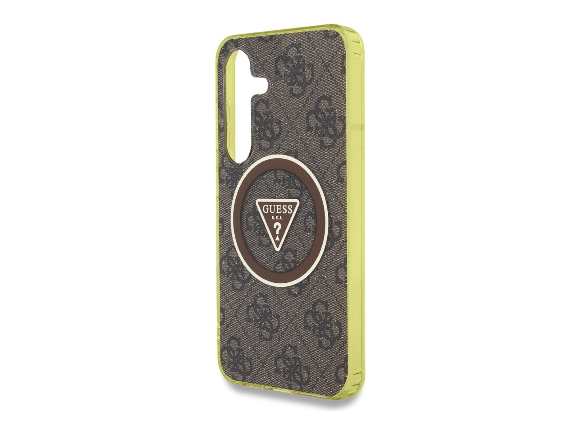 Funda Guess 4G con botones triangulares brillantes y MagSafe para Samsung Galaxy S25 (marrón)
