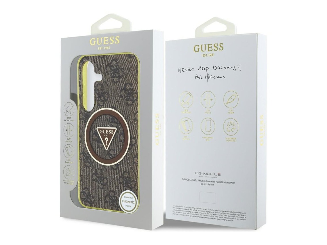 Guess 4G Glitter Triangle Buttons MagSafe Case for Samsung Galaxy S25 Brown