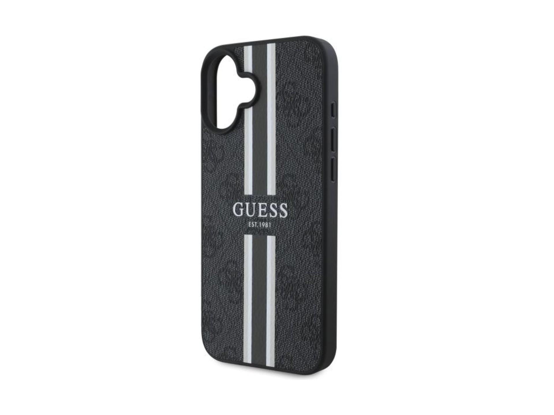Capa Guess 4G com estampado de riscas e MagSafe para iPhone 16 - preta